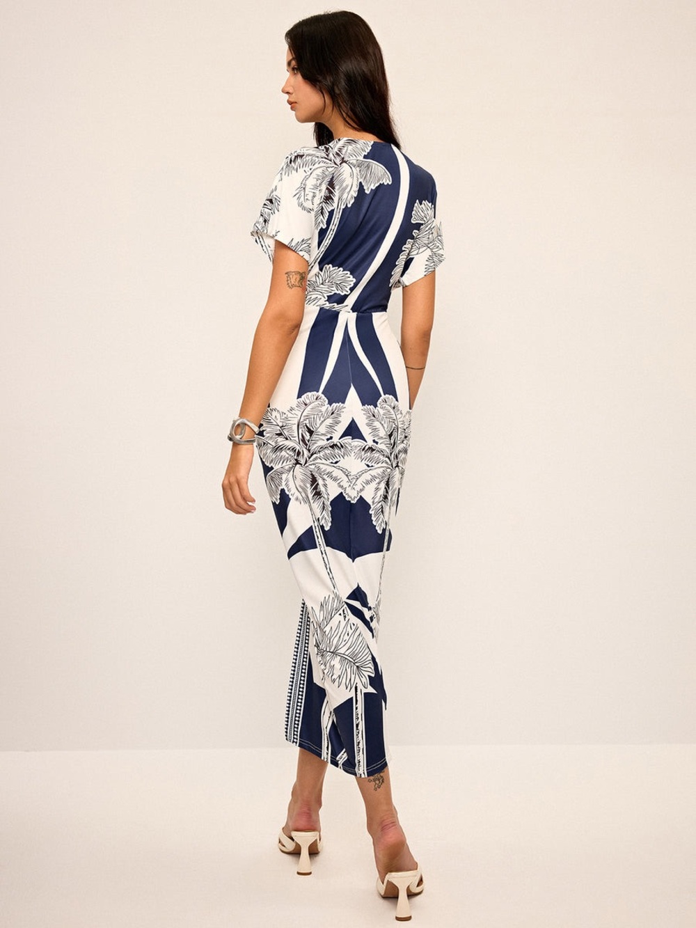 Commense Printed Deep V-Neck Midi Dress Without Belt - Picture 3 of 6